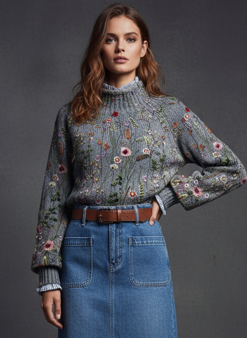 JERSEY CUELLO ALTO GRIS FLORAL