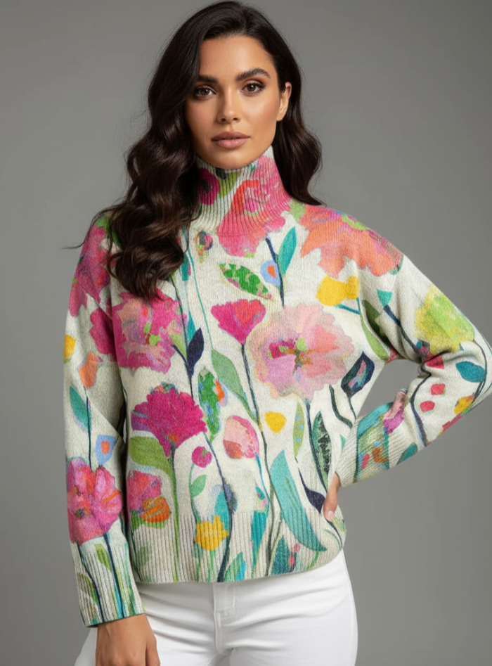 JERSEY DE CUELLO ALTO BLANCO FLORAL