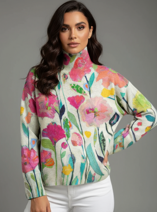 JERSEY DE CUELLO ALTO BLANCO FLORAL