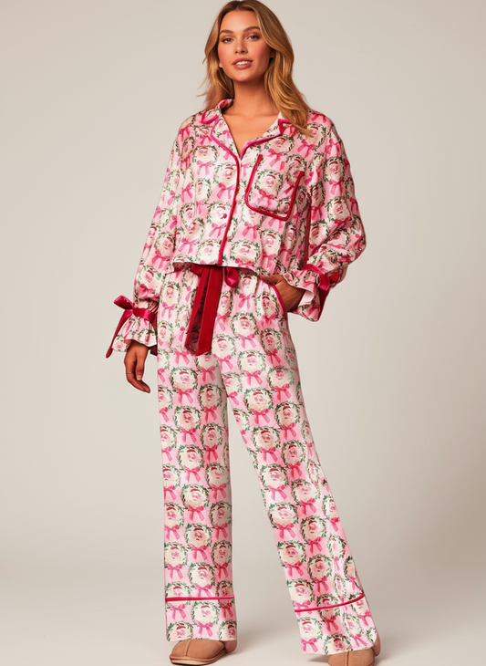 HOLIDAY CHIC | PIJAMA SATINADO ROSA Y ROJO
